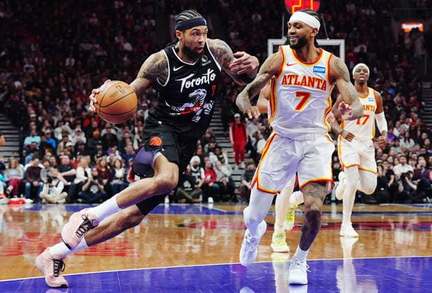 January 3, 2026, Toronto, On, Canada: Toronto Raptors Brandon Ingram (3) drives past Atlanta Hawks Nickeil Alexander-Walker (7) during first half NBA, Basketball Herren, USA basketball action in Toronto on Saturday, Jan. 3, 2026. Canada News - January 3, 2026  - ZUMAc35_ 20260103_zaf_c35_079 Copyright: xFrankxGunnx