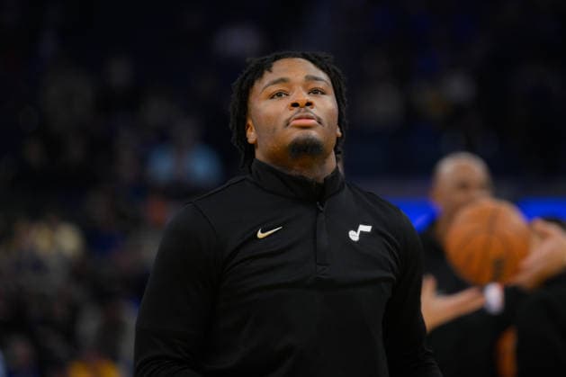 NBA, Basketball Herren, USA Pregame of Utah Jazz vs Golden State Warriors in San Francisco SAN FRANCISCO, CALIFORNIA - JANUARY 3: Isaiah Collier of Utah Jazz warms up during the pregame of the NBA game 16 between Utah Jazz and Golden State Warriors in San Francisco at Chase Center on January 3, 2026 in San Francisco, California, United States. Tayfun Coskun Anadolu California United States. Editorial use only. Please get in touch for any other usage.  Copyright: x2026xAnadoluxTayfunxCoskunx