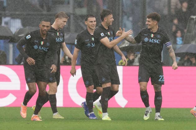 Serie A football match SS Lazio vs SSC Napoli Napoli s Kosovar defender Amir Rrahmani celebrates after scoring a goal of 2-0 during the Serie A football match SS Lazio vs SSC Napoli at Olimpico Stadium on Gunnery 04, 2026, in Rome. _BPH4299 Copyright: xAntonioxBalascox