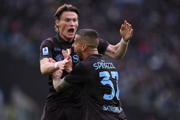 CALCIO - Serie A - SS Lazio vs SSC Napoli Leonardo Spinazzola of S.S.C. Napoli celebrates after scoring the goal of 0-1 during the 18th day of the Serie A Championship between S.S. Lazio and S.S.C. Napoli at the Olympic Stadium on January 4, 2026 in Rome, Italy. Rome Italy  Copyright: xIPAxSport ABACAx