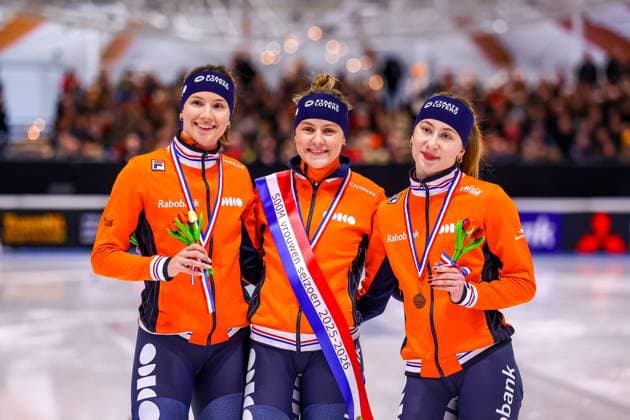 Michelle Velzeboer, Selma Poutsma, Zoe Florence Deltrap Women s 500m Medal Ceremony, , 2026 Dutch National Short Track Championships, Elfstedenhal, January 4, 2026, Leeuwarden, Netherlands.