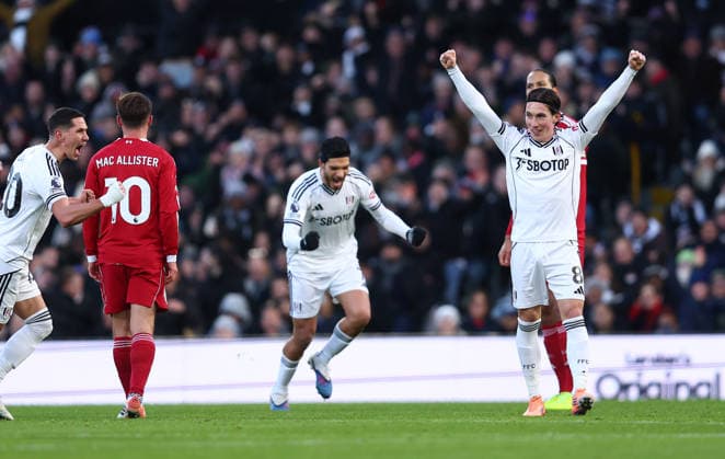 London, England, 4th January 2026. Harry Wilson of Fulham celebrates after scoring to make it 1-0 during the Fulham vs Liverpool Premier League match at Craven Cottage, London. Picture credit should read: Paul Terry Sportimage EDITORIAL USE ONLY. No use with unauthorised audio, video, data, fixture lists, club league logos or live services. Online in-match use limited to 120 images, no video emulation. No use in betting, games or single club league player publications. SPI_016_PT_Fulham_Liverpool SPI-4430-0016