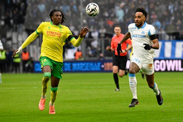 FOOTBALL : Olympique de Marseille VS FC Nantes - Ligue 1 McDonald s - 04 01 2026 Tylel Tati (FC Nantes) Pierre-Emerick Aubameyang (OM) - Ligue 1 McDonald™s match between Olympique de Marseille and Football Club de Nantes on January 04, 2026 at the Orange Velodrome Stadium in Marseille. MarseilleFrance  Copyright: xWilliamxCannarellax