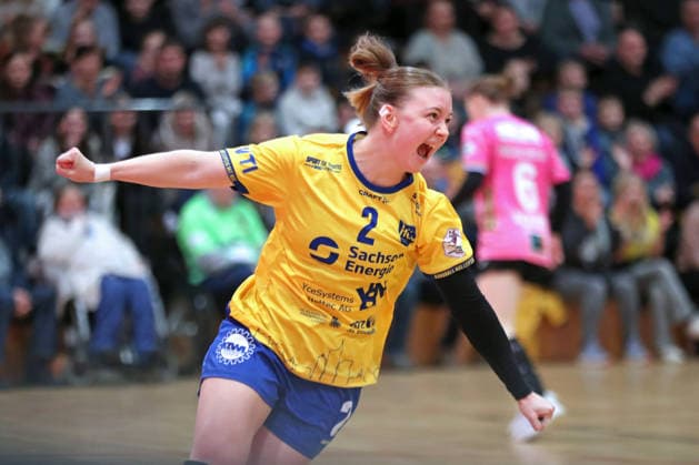 Handball, 2. Alsco HBF: HC Leipzig - Füchse Berlin; 04.01.2026 Pauline Uhlmann (2, HC Leipzig) jubelt über ein Tor. 2. Alsco Handball Bundesliga Frauen, HBF, Saison 2025 2026, 12. Spieltag: HC Leipzig vs. Füchse Berlin am 04.01.2026 in der Sporthalle Brüderstraße Leipzig. Copyright: xBEAUTIFULxSPORTS JanxKaeferx