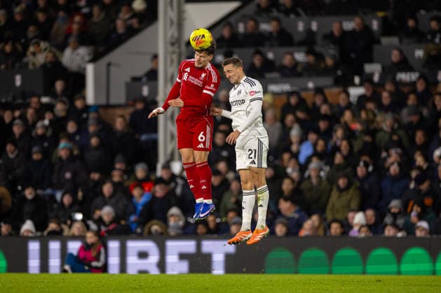 Football - FA Premier League - Fulham FC v Liverpool FC LONDON, ENGLAND - Sunday, January 4, 2026: (L-R) Liverpool s Milos Kerkez challenges for a header with Fulham s Timothy Castagne during the FA Premier League match between Fulham FC and Liverpool FC at Craven Cottage. (Photo by David Rawcliffe Propaganda) LONDON Craven Cottage GREATER LONDON ENGLAND  Copyright: xDavidxRawcliffex P2026-01-04-Fulham_Liverpool-72