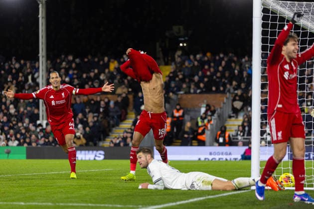 Football - FA Premier League - Fulham FC v Liverpool FC LONDON, ENGLAND - Sunday, January 4, 2026: Liverpool s Cody Gakpo celebrates after scoring his side s second goal during the FA Premier League match between Fulham FC and Liverpool FC at Craven Cottage. (Photo by David Rawcliffe Propaganda) LONDON Craven Cottage GREATER LONDON ENGLAND  Copyright: xDavidxRawcliffex P2026-01-04-Fulham_Liverpool-85