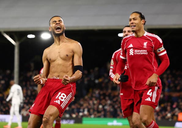 London, England, 4th January 2026. Cody Gakpo of Liverpool celebrates after scoring to make it 2-1 during the Fulham vs Liverpool Premier League match at Craven Cottage, London. Picture credit should read: Paul Terry Sportimage EDITORIAL USE ONLY. No use with unauthorised audio, video, data, fixture lists, club league logos or live services. Online in-match use limited to 120 images, no video emulation. No use in betting, games or single club league player publications. SPI_030_PT_Fulham_Liverpool SPI-4430-0030