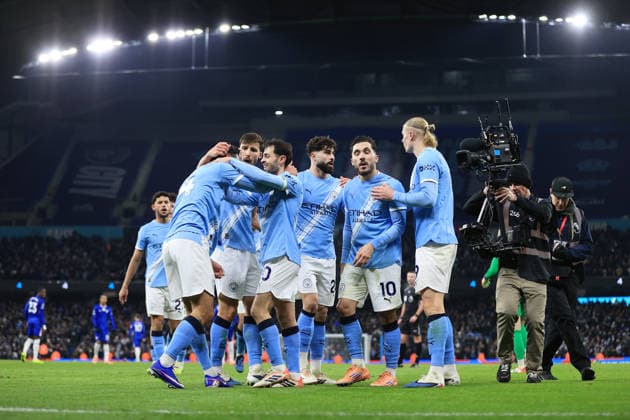 Football - Premier League - Manchester City v Chelsea 4th January 2026 - Premier League - Manchester City v Chelsea - Manchester City players celebrate their opening goal - Photo: Simon Stacpoole Offside. Manchester UK Copyright: xSimonxStacpoolexOffside