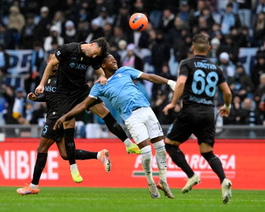 (260104) -- ROME, Jan. 4, 2026 -- Napoli s Amir Rrahmani (top L) vies with Lazio s Tijjani Noslin during a Serie A football match between Lazio and Napoli in Rome, Italy, Jan. 4, 2026. (Photo by Xinhua) (SP)ITALY-ROME-FOOTBALL-SERIE A- LAZIO VS NAPOLI AugustoxCasasoli 