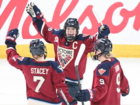 January 4, 2026, Laval, Pq, Canada: Montreal Victoire s Marie-Philip Poulin (29) celebrates with teammates Laura Stacey (7) and Kati Tabin (9) after scoring against the Minnesota Frost during overtime of PWHL hockey action in Laval, Que., Sunday, Jan. 4, 2026. Marie-Philip Poulin, Laura Stacey, Kati Tabin,  - ZUMAc35_ 20260104_zaf_c35_016 Copyright: xGrahamxHughesx