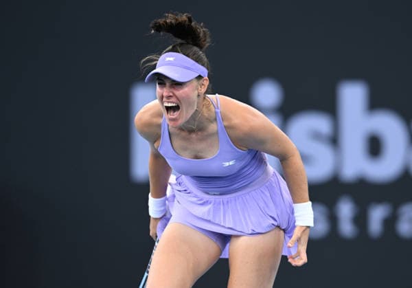 TENNIS BRISBANE INTERNATIONAL, Kimberly Birrell of Australia celebrates winning against Rebecca Sramkova of Slovakia during day two of the Brisbane International tennis tournament at Pat Rafter Arena in Brisbane, Monday, January 5, 2026. ( NO ARCHIVING, EDITORIAL USE ONLY BRISBANE QUEENSLAND AUSTRALIA  Copyright: xDARRENxENGLANDx 20260105143171351399