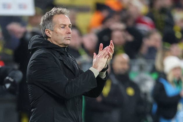 Fußball DFB Pokal - Borussia Dortmund - Bayer 04 Leverkusen am 02.12.2025 im Signal Iduna Park in Dortmund Trainer Kasper Hjulmand (Leverkusen) ist zufrieden *** Soccer DFB Cup Borussia Dortmund Bayer 04 Leverkusen on 02 12 2025 at Signal Iduna Park in Dortmund Coach Kasper Hjulmand Leverkusen is satisfied MH