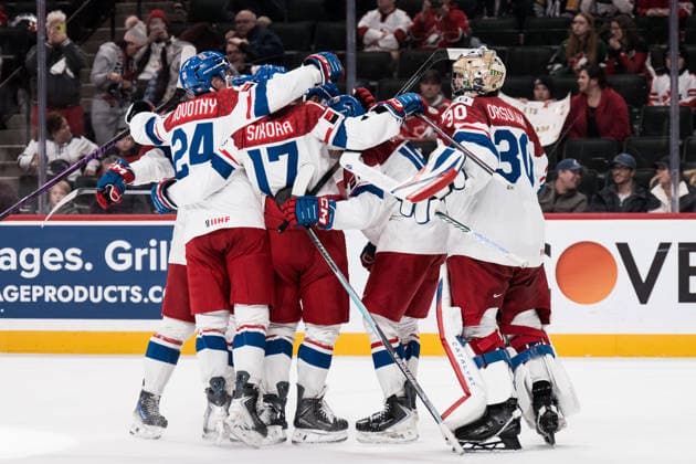 260104 Players of Czech Republic celebrate the 4-6 goal during the 2026 IIHF World Junior Championship semifinal game between Canada and Czech Republic on January 4, 2026 in Saint Paul. Photo: Joel Marklund BILDBYRAN kod JM JM0772 bbeng ishockey Ice hockey, Eishockey jvm junior-vm u20 2026 iihf world junior championship world juniors semifinal canada kanada tjeckien czech republic czechiajubel Copyright: JOELxMARKLUND BB260104JM144