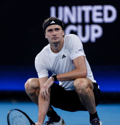 (260105) -- SYDNEY, Jan. 5, 2026 -- Alexander Zverev of Germany reacts during the men s singles match against Hubert Hurkacz of Poland in the Group F round robin match between Poland and Germany at the 2026 United Cup tennis tournament in Sydney, Australia, Jan. 5, 2026. ) (SP)AUSTRALIA-SYDNEY-TENNIS-UNITED CUP-GER VS POL MaxPing 