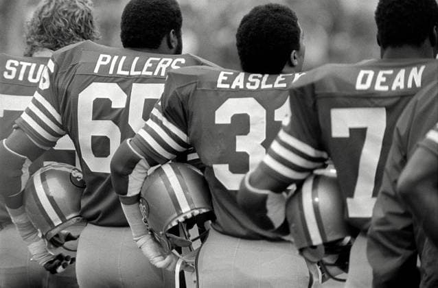 December 13, 1981 - San Francisco, California, U.S - San Francisco 49ers vs. Houston Oilers at Candlestick Park Sunday, December 13. 1981. 49ers beat Oilers 28-6. On sideline at start of game San Francisco Players Jim Stuckey, Lawrence Pillers, Walt Easley, and Fred Dean. Copyright: xAlxGolubx
