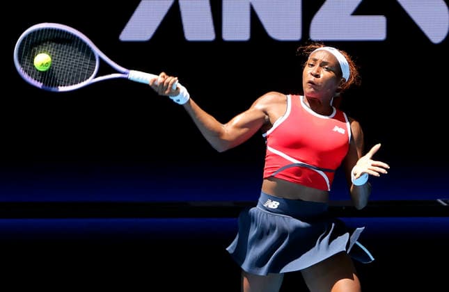 (260105) -- PERTH, Jan. 5, 2026 -- Coco Gauff of the United States hits a return during the women s singles match against Jessica Bouzas Maneiro of Spain in the Group A round robin match between USA and Spain at the 2026 United Cup tennis tournament in Perth, Australia, Jan. 5, 2026. (Photo by Xinhua) (SP)AUSTRALIA-PERTH-TENNIS-UNITED CUP-USA VS ESP ZhouxDan 