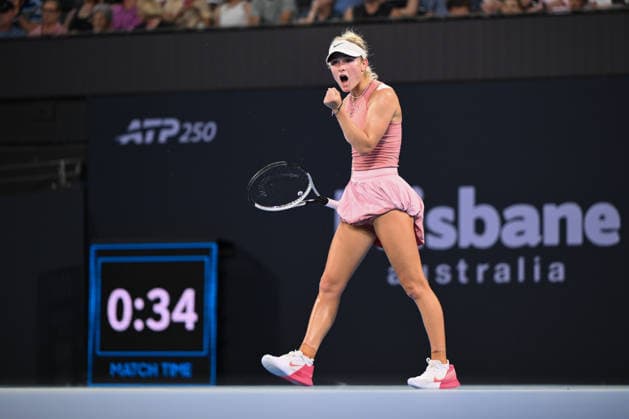 TENNIS BRISBANE INTERNATIONAL, Emerson Jones of Australia in action against Tatjana Maria of Germany during day two of the Brisbane International tennis tournament at Pat Rafter Arena in Brisbane, Monday, January 5, 2026. ( NO ARCHIVING, EDITORIAL USE ONLY BRISBANE QUEENSLAND AUSTRALIA  Copyright: xZAINxMOHAMMEDx 20260105116480423237