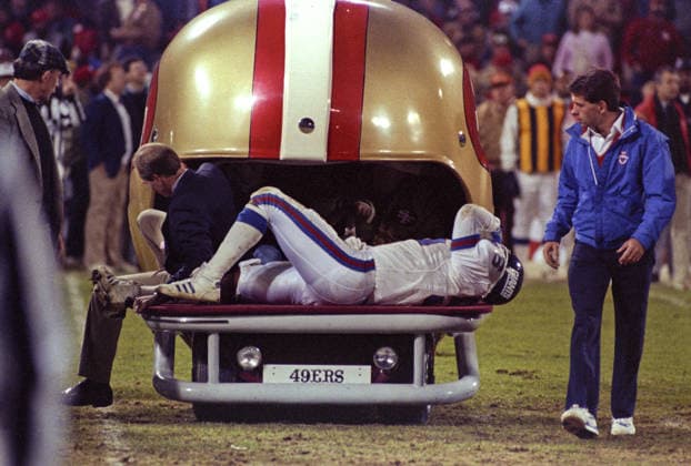 November 27, 1989 - San Francisco, California, U.S - San Francisco 49ers vs New York Giants at Candlestick Park Monday, November 27, 1989. 49ers Beat Giants 34-24. Giants linebacker Lawrence Taylor (56) leaves game on cart. Copyright: xAlxGolubx