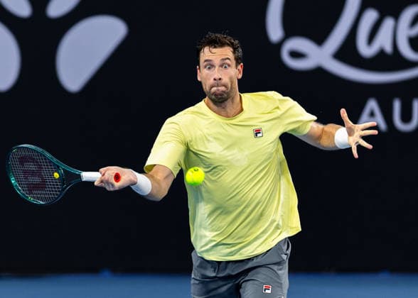 January 5, 2026, Brisbane, Qld, Australia: QUENTIN HALYS of France plays a forehand during his MenÃ¢â‚¬â ¢s Singles round one match against ALEXEI POPYRIN of Australia at the Brisbane International. Brisbane Australia - ZUMAt173 20260105_zsp_t173_041 Copyright: xStephanexThomasx