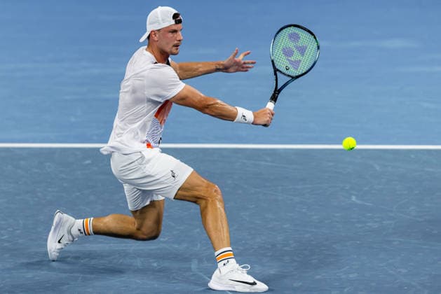 January 5, 2026, Brisbane, Qld, Australia: MARTON FUCSOVICS of Hungary plays a backhand during his MenÃ¢â‚¬â ¢s Singles round one match against DANIIL MEDVEDEV of Russia at the Brisbane International. Brisbane Australia - ZUMAt173 20260105_zsp_t173_047 Copyright: xStephanexThomasx