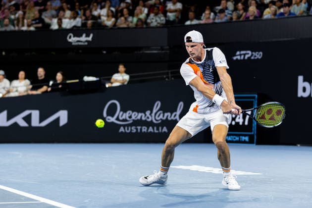 January 5, 2026, Brisbane, Qld, Australia: MARTON FUCSOVICS of Hungary plays a backhand during his MenÃ¢â‚¬â ¢s Singles round one match against DANIIL MEDVEDEV of Russia at the Brisbane International. Brisbane Australia - ZUMAt173 20260105_zsp_t173_061 Copyright: xStephanexThomasx