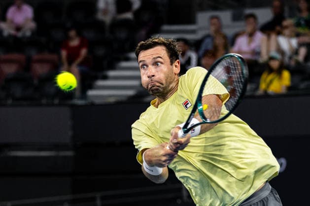 January 5, 2026, Brisbane, Australia: QUENTIN HALYS of France plays a backhand during his Men s Singles round one match against A. POPYRIN of Australia at the Brisbane International. Halys won 5:7, 6:3, 6:4. Brisbane Australia - ZUMAt173 20260105_zsp_t173_037 Copyright: xStephanexThomasx