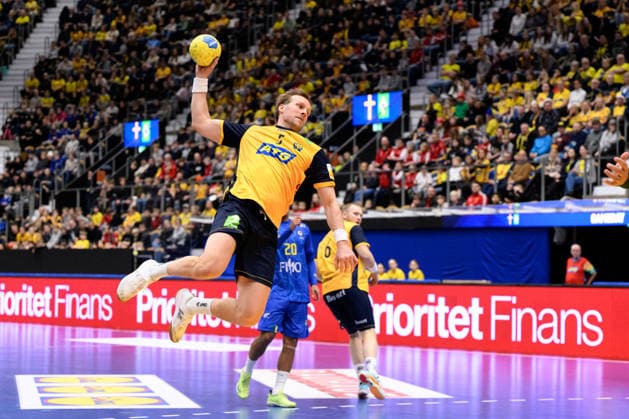 260105 Max Darj of Sweden during the International Friendly, Länderspiel, Nationalmannschaft between Sweden and Brazil on January 5, 2026 in Jönköping. Photo: Carl Sandin BILDBYRAN kod CS CS0829 handball handboll handball international friendly sverige sweden brasilien bbeng Copyright: CARLxSANDIN BB260105CS051