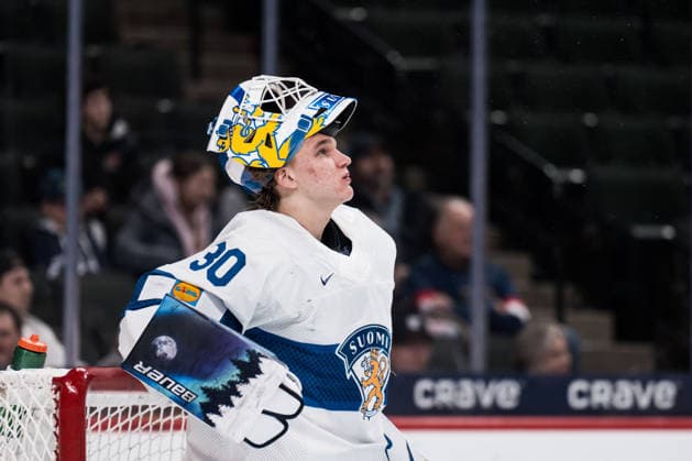260105 Goaltender Petteri Rimpinen of Finland during the 2026 IIHF World Junior Championship bronze medal game between Canada and Finland on January 5, 2026 in Saint Paul. Photo: Joel Marklund BILDBYRAN kod JM JM0773 bbeng ishockey Ice hockey, Eishockey jvm junior-vm u20 2026 iihf world junior championship world juniors bronsmatch bronze medal game canada kanada finlandfinland Copyright: JOELxMARKLUND BB260105JM003