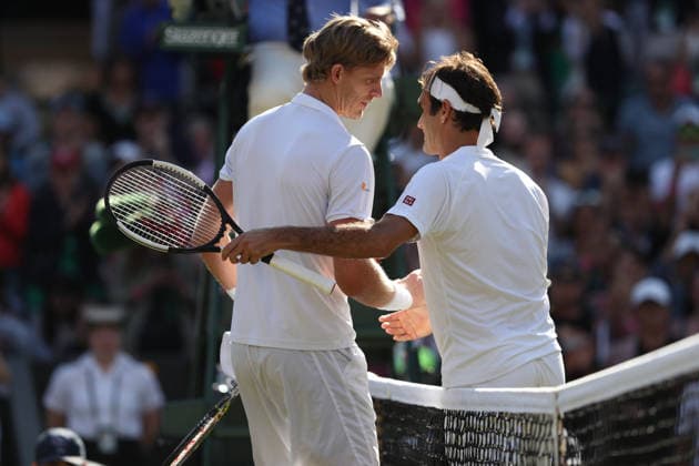 LONDON, ENGLAND - JULY 11: Kevin Anderson, Roger Federer attend day nine of the Wimbledon Tennis Championships at the All England Lawn Tennis and Croquet Club on July 11, 2018 in London, England...People: Kevin Anderson, Roger Federer Copyright: xSMGx