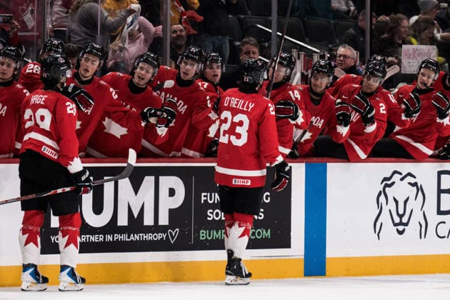 260105 Michael Hage and Sam O Reilly of Canada celebrates after 1-0 during the 2026 IIHF World Junior Championship bronze medal game between Canada and Finland on January 5, 2026 in Saint Paul. Photo: Joel Marklund BILDBYRAN kod JM JM0773 bbeng ishockey Ice hockey, Eishockey jvm junior-vm u20 2026 iihf world junior championship world juniors bronsmatch bronze medal game canada kanada finlandjubel celebrates finland Copyright: JOELxMARKLUND BB260105JM010