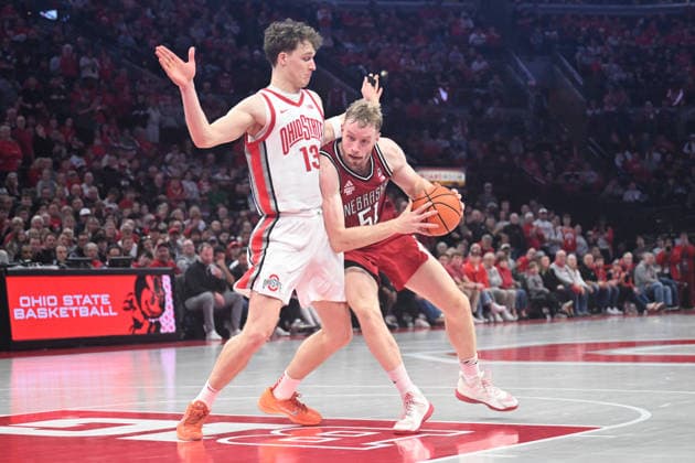 January 5, 2026: Nebraska Cornhuskers forward Rienk Mast (51) goes one on one against Ohio State Buckeyes center Christoph Tilly (13) in their game in Columbus, Ohio. CSM Columbus USA - ZUMAc04_ 20260105_zma_c04_024 Copyright: xBrentxClarkx
