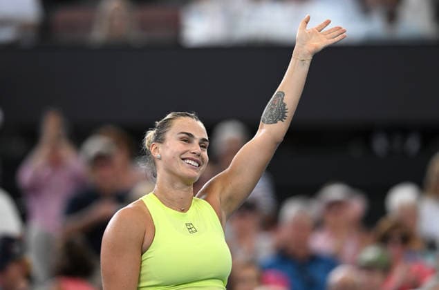 TENNIS BRISBANE INTERNATIONAL, Aryna Sabalenka of Belarus celebrates winning against Cristina Bucsa of Spain during day three of the Brisbane International tennis tournament at Pat Rafter Arena in Brisbane, Tuesday, January 6, 2026. ( NO ARCHIVING, EDITORIAL USE ONLY BRISBANE QUEENSLAND AUSTRALIA  Copyright: xDARRENxENGLANDx 20260106155467804249