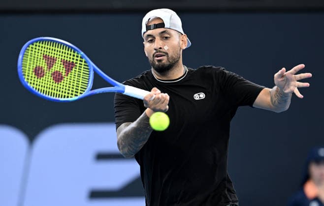 TENNIS BRISBANE INTERNATIONAL, Nick Kyrgios of Australia in action against Aleksandar Kovacevic of the USA during day three of the Brisbane International tennis tournament at Pat Rafter Arena in Brisbane, Tuesday, January 6, 2026. ( NO ARCHIVING, EDITORIAL USE ONLY BRISBANE QUEENSLAND AUSTRALIA  Copyright: xDARRENxENGLANDx 20260106181990541189