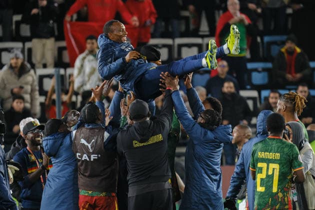 Cameroon Victory Celebration AFCON 2025 RABAT, MOROCCO - JANUARY 04: Head coach Marc Brys of Cameroon is tossed in the air by his players in celebration following the AFCON 2025 Round of 16 match between South Africa and Cameroon at Al Barid Stadium on January 04, 2026 in Rabat, Morocco