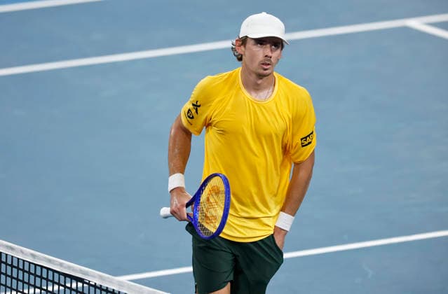 TENNIS UNITED CUP SYDNEY, Alex de Minaur of Team Australia celebrates winning a set in his Group D singles match against Jakub Mensik of Team Czechia during day five of the 2026 United Cup at Ken Rosewall Arena in Sydney, Tuesday, January 6, 2026. ( NO ARCHIVING, EDITORIAL USE ONLY SYDNEY NEW SOUTH WALES AUSTRALIA  Copyright: xMARKxEVANSx 20260106164595874539
