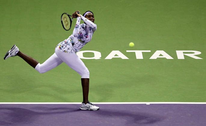 Qatar Total Open DOHA, QATAR - FEBRUARY 10: Venus Williams of USA vs. Petra Martic (Not seen) of Croatia during Qatar Total Open Women s in Doha on February 10, 2014. Doha Qatar. Editorial use only. Please get in touch for any other usage.  Copyright: x2025xAnadoluxMohamedxFaragx