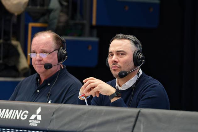 Timur Topal (MBC-Frauen, Head Coach) (re.) als TV Comoderator, Syntainics MBC vs. Donar Groningen, European North Basketball League 2025 26, Germany, Netherlands, 06.01.2026. Foto: Schulz Weissenfels Stadthalle Sachsen-Anhalt Deutschland