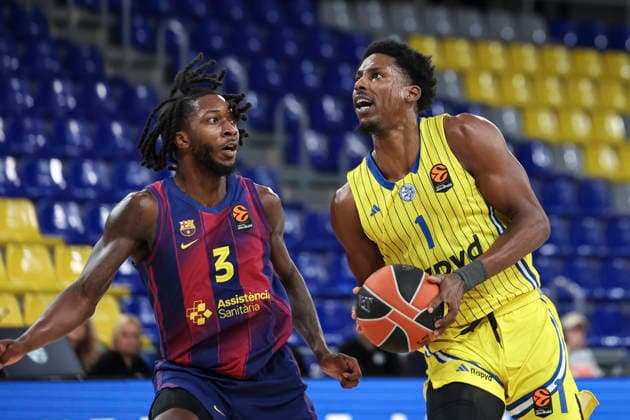 January 6, 2026, Barcelona, Barcelona, Spain: Jaylen Hoard of Maccabi Rapyd Tel Aviv and Myles Cale of FC Barcelona, Barca in action during the EuroLeague Regular Season Round 20 match played between FC Barcelona and Maccabi Rapyd Tel Aviv at Palau Blaugrana on January 06, 2026 in Barcelona, Spain. Barcelona Spain - ZUMAa181 20260106_zaa_a181_017 Copyright: xJavierxBorregox