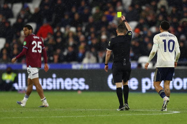 West Ham United v Nottingham Forest, Premier League Referee Tony Harrington shows a yellow card to West Ham defender Jean-Clair Todibo (25) during the West Ham United v Nottingham Forest Premier League match at the London Stadium, London, England on 7 January 2026 Credit: Sally Rawlins Every Second Media Editorial use only. All images are copyright Every Second Media Limited. No images may be reproduced without prior permission. All rights reserved. Premier League and Football League images are subject to licensing agreements with Football DataCo Limited. see https: www.football-dataco.com Copyright: xIMAGO EveryxSecondxMediax ESM-1737-0061 SallyxRawlinsx xEveryxSecondxMediax