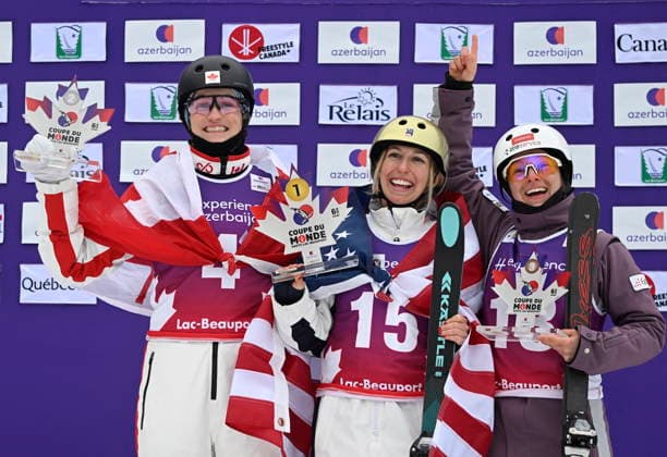January 6, 2026, Lac-Beauport, Pq, Canada: USA ski team Winter Vinecki, centre, reacts to her victory during the FIS freestyle World Cup womenöÄÃ s aerials in Lac-Beauport Que. on Tuesday, January 6, 2026. Vinecki is flanked by second place winner Marion Thenault, left, of Sherbrookw, Que. and third place Emma Weiss of Germany. Winter Vinecki, Marion Thenault, Emma Weiss  - ZUMAc35_ 20260106_zaf_c35_064 Copyright: xJacquesxBoissinotx