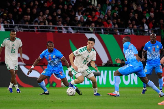 RABAT, MOROCCO - JANUARY 6: Ibrahim Maza, Rafik Belghali of Algeria and Edo Kayembe, GaÃ«l Kakuta of Dr Congo during the Africa Cup of Nations (AFCON) match between Algeria and Dr Congo on January 6th, 2026 at Moulay Hassan Stadium, Morocco. Photo by Vincent Kamto Copyright: xVincentxKAMTOx