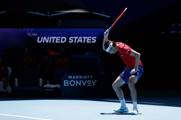 TENNIS UNITED CUP PERTH, Taylor Fritz of the USA reacts after losing a point against Stefanos Tsitsipas of Greece during the United Cup quarter-final match between Greece and the USA at RAC Arena in Perth, Wednesday, January 7, 2026. ( NO ARCHIVING, EDITORIAL USE ONLY PERTH Western Australia Australia  Copyright: xRICHARDxWAINWRIGHTx 20260107110432955746