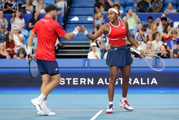 TENNIS UNITED CUP PERTH, Coco Gauff and Christian Harrison of the USA in action against Maria Sakkari and Stefanos Tsitsipas of Greece during the United Cup quarter-final doubles match between Greece and the USA at RAC Arena in Perth, Wednesday, January 7, 2026. ( NO ARCHIVING, EDITORIAL USE ONLY PERTH Western Australia Australia  Copyright: xRICHARDxWAINWRIGHTx 20260107179835265309
