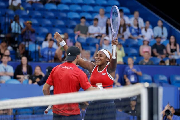 TENNIS UNITED CUP PERTH, Coco Gauff and Christian Harrison of the USA celebrate after defeating Maria Sakkari and Stefanos Tsitsipas of Greece during the United Cup quarter-final doubles match between Greece and the USA at RAC Arena in Perth, Wednesday, January 7, 2026. ( NO ARCHIVING, EDITORIAL USE ONLY PERTH Western Australia Australia  Copyright: xRICHARDxWAINWRIGHTx 20260107170924982900