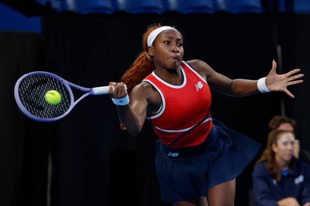TENNIS UNITED CUP PERTH, Coco Gauff of the USA in action during the United Cup quarter-final doubles match between Greece and the USA at RAC Arena in Perth, Wednesday, January 7, 2026. ( NO ARCHIVING, EDITORIAL USE ONLY PERTH Western Australia Australia  Copyright: xRICHARDxWAINWRIGHTx 20260107178340813370