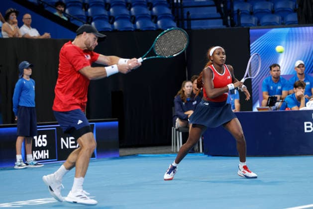 TENNIS UNITED CUP PERTH, Coco Gauff and Christian Harrison of the USA in action against Maria Sakkari and Stefanos Tsitsipas of Greece during the United Cup quarter-final doubles match between Greece and the USA at RAC Arena in Perth, Wednesday, January 7, 2026. ( NO ARCHIVING, EDITORIAL USE ONLY PERTH Western Australia Australia  Copyright: xRICHARDxWAINWRIGHTx 20260107125882576967