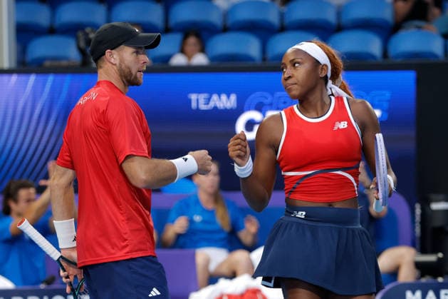 TENNIS UNITED CUP PERTH, Coco Gauff and Christian Harrison of the USA in action against Maria Sakkari and Stefanos Tsitsipas of Greece during the United Cup quarter-final doubles match between Greece and the USA at RAC Arena in Perth, Wednesday, January 7, 2026. ( NO ARCHIVING, EDITORIAL USE ONLY PERTH Western Australia Australia  Copyright: xRICHARDxWAINWRIGHTx 20260107134787152818