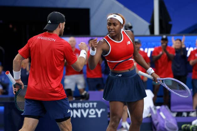 TENNIS UNITED CUP PERTH, Coco Gauff and Christian Harrison of the USA in action against Maria Sakkari and Stefanos Tsitsipas of Greece during the United Cup quarter-final doubles match between Greece and the USA at RAC Arena in Perth, Wednesday, January 7, 2026. ( NO ARCHIVING, EDITORIAL USE ONLY PERTH Western Australia Australia  Copyright: xRICHARDxWAINWRIGHTx 20260107162427861410