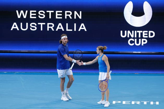TENNIS UNITED CUP PERTH, Maria Sakkari and Stefanos Tsitsipas of Greece in action against Coco Gauff and Christian Harrison of the USA during the United Cup quarter-final doubles match between Greece and the USA at RAC Arena in Perth, Wednesday, January 7, 2026. ( NO ARCHIVING, EDITORIAL USE ONLY PERTH Western Australia Australia  Copyright: xRICHARDxWAINWRIGHTx 20260107131932991034
