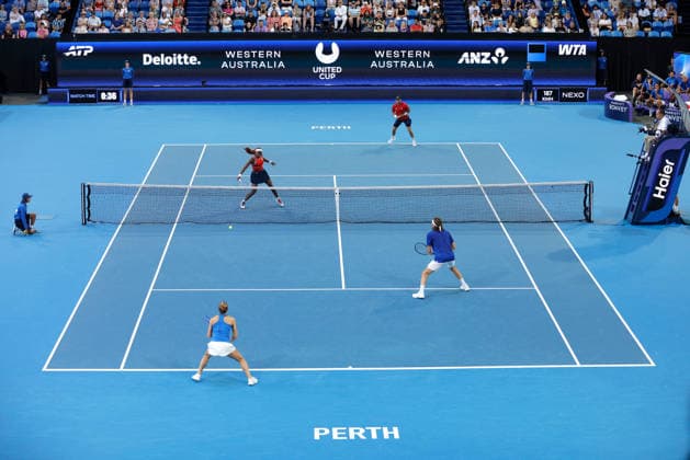 TENNIS UNITED CUP PERTH, Coco Gauff and Christian Harrison of the USA in action against Maria Sakkari and Stefanos Tsitsipas of Greece during the United Cup quarter-final doubles match between Greece and the USA at RAC Arena in Perth, Wednesday, January 7, 2026. ( NO ARCHIVING, EDITORIAL USE ONLY PERTH Western Australia Australia  Copyright: xRICHARDxWAINWRIGHTx 20260107174583011614